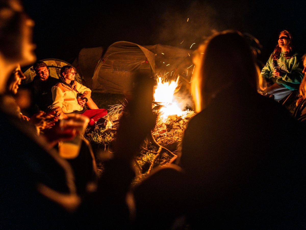 friends camping campfire night