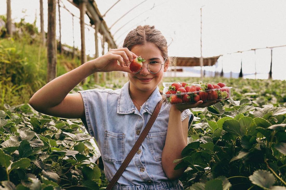 Smiling woman holding strawberries in an indoor greenhouse, exuding joy and freshness.